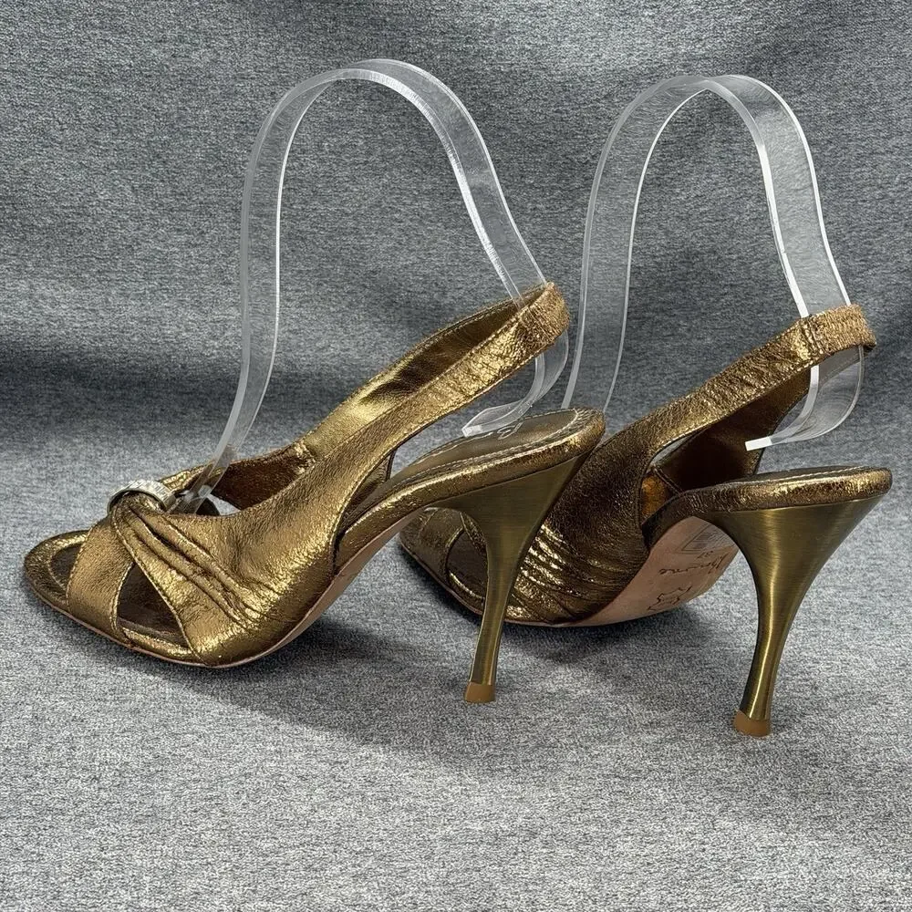 Bourne Leather Slingback Peep Toe Shoes Size 37 Metallic Gold Rhinestone Heels